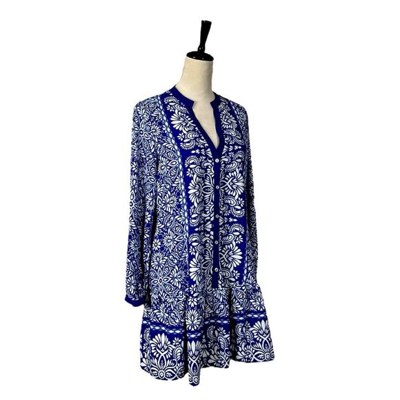 Zara Dress V-neck Button Front Long Sleeve Blue White Floral Women’s Size Small - Picture 2 of 12